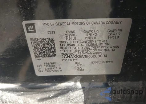 2019 Chevrolet Equinox Lt z USA, uszkodzony, nr VIN 2GNAXKEV8K6260034